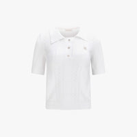 Ribbon Button Mesh Short Sleeve Knit (White)