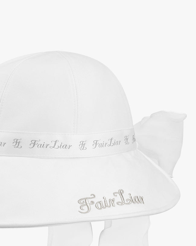 Ribbon detachable bucket brim hat -White