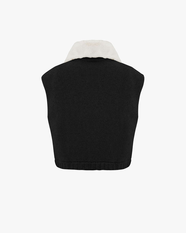 Fur Collar Windproof Knit Vest - Black