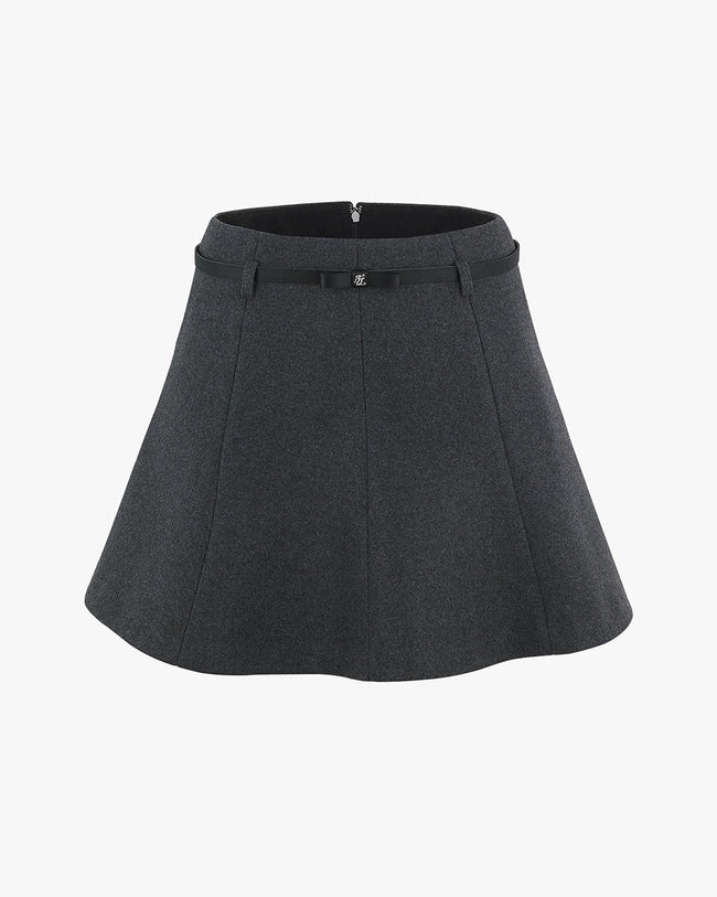Ribbon Belt Flare Wool Skirt - Grey