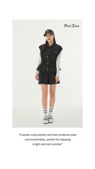 Pocket Collar Waist Band Vest (Black)