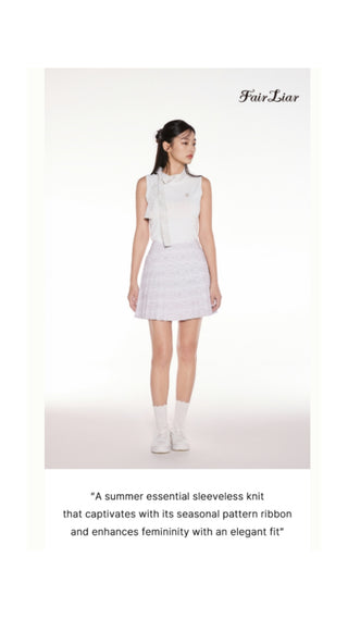 Patterned Neck Ribbon Sleeveless Knit (White)