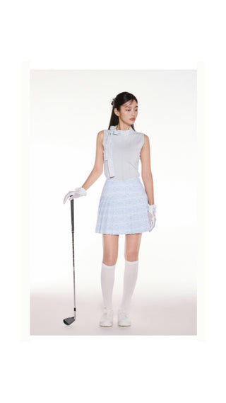Patterned Neck Ribbon Sleeveless Knit (Blue)