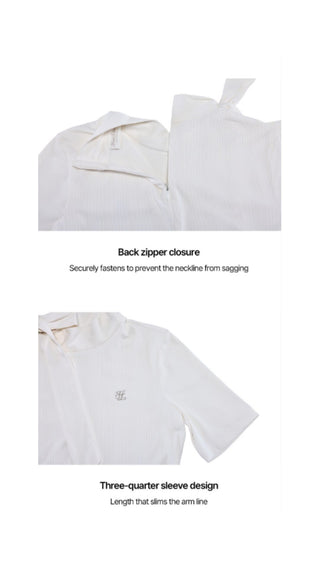 Ribbon High Neck Seven-Button T-Shirt (White)