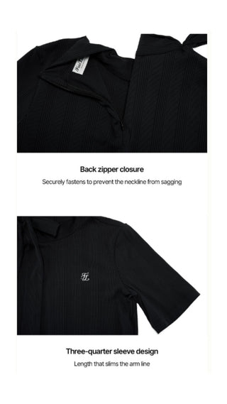 Ribbon High Neck Seven-Button T-Shirt (Black)