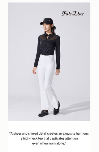 Sheer Shirring High Neck T-Shirt (Black)