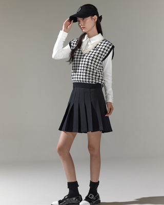 Houndstooth Checkered Knit Vest - Black