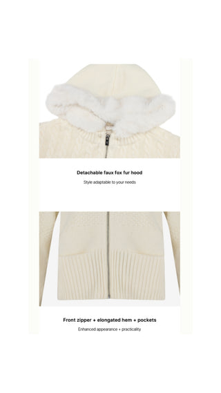 Fur Hooded Zipup Windproof Cardigan (Ivory)