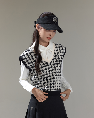 Houndstooth Checkered Knit Vest - Black
