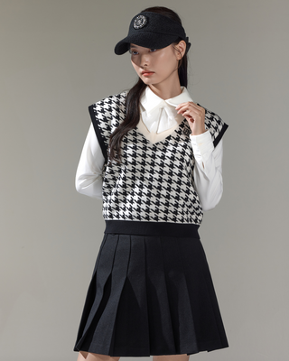 Houndstooth Checkered Knit Vest - Black