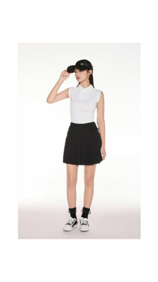Asymmetrical Ribbon Pleated Skirt (Black)
