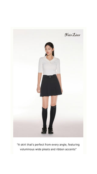 Front Ribbon Belt Wide Pleated Skirt (Black)