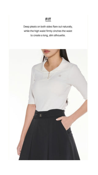 Front Ribbon Belt Wide Pleated Skirt (Black)