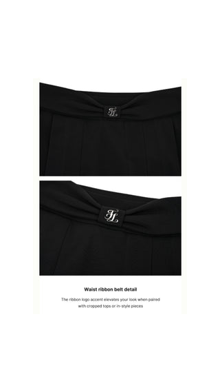 Front Ribbon Belt Wide Pleated Skirt (Black)
