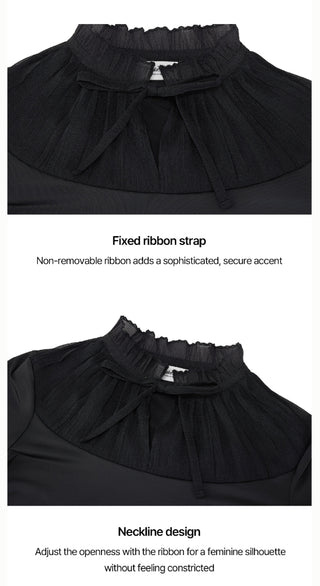 Sheer Shirring High Neck T-Shirt (Black)