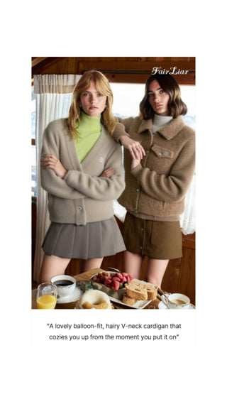 Furry V-neck Cardigan (Beige)