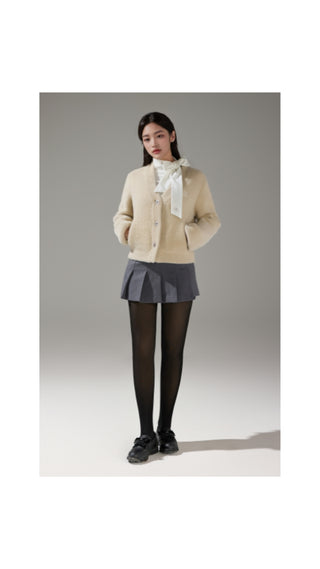 Furry V-neck Cardigan (Beige)