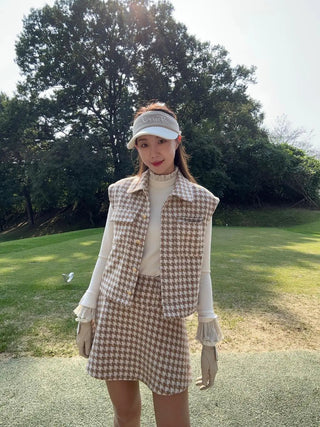 Houndstooth Checkered Quilted Vest - Beige