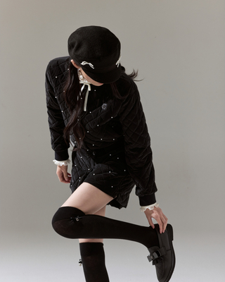 FL Leather Ribbon Knee Socks - Black
