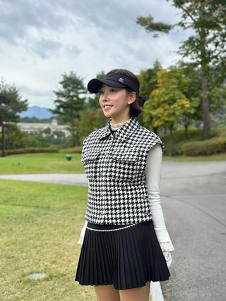 Houndstooth Checkered Quilted Vest - Black