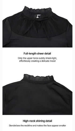 Sheer Shirring High Neck T-Shirt (Black)