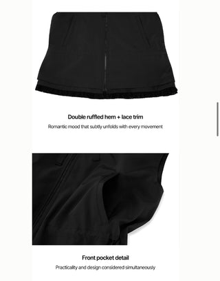 Drawstring Ruffle Zip-Up Vest (Black)