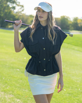 Pocket Collar Waist Band Vest - Black