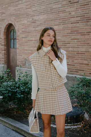 Houndstooth checkered flare skirt - Beige