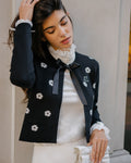 Flower Jacquard Open Ribbon Cardigan - Black