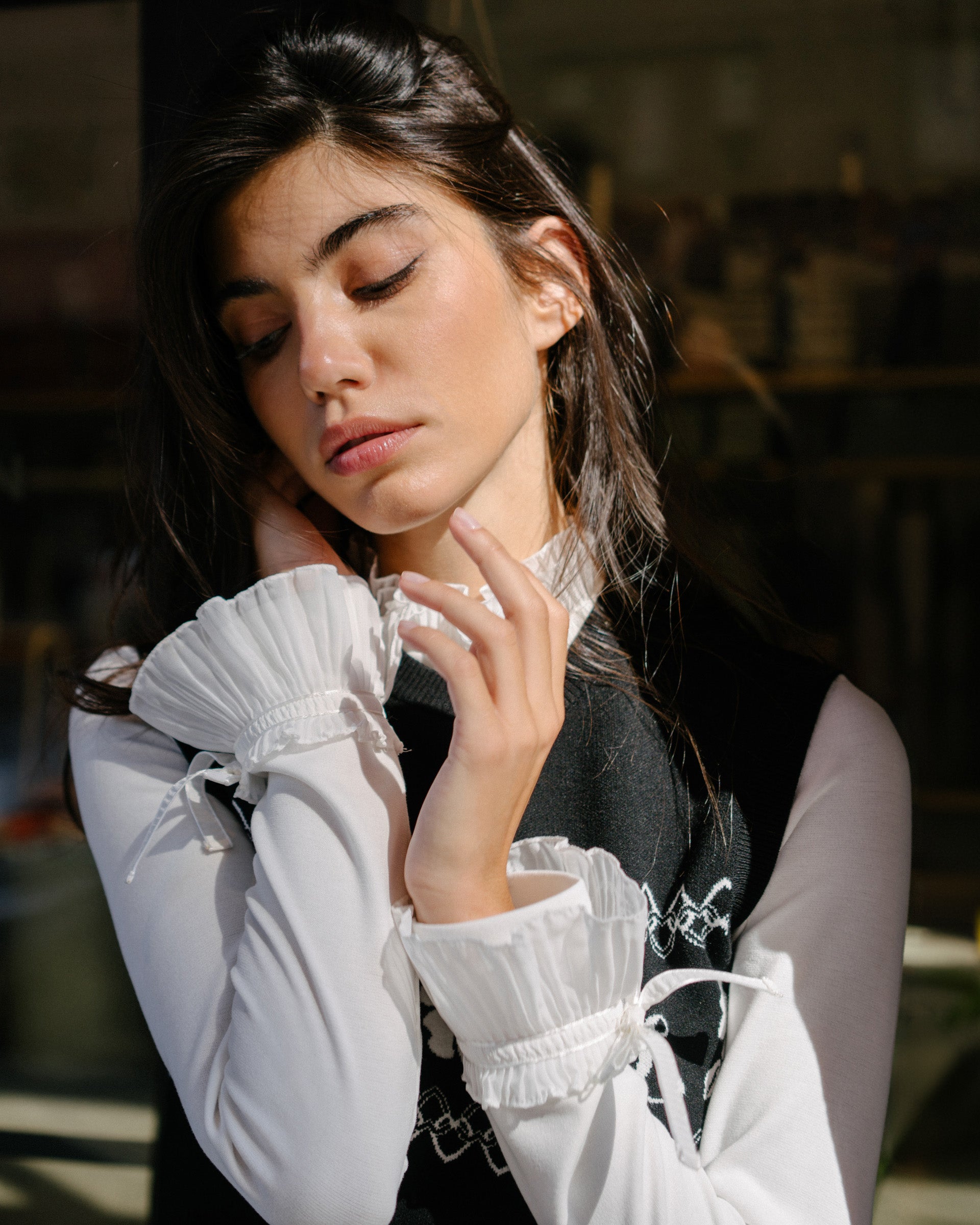 Frill sleeve high neck T Shirt (White)