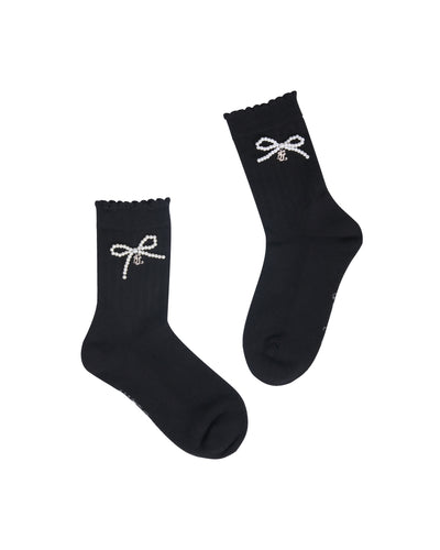 FL pearl ribbon ankle socks - Black