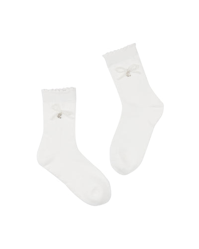 FL pearl ribbon ankle socks - White