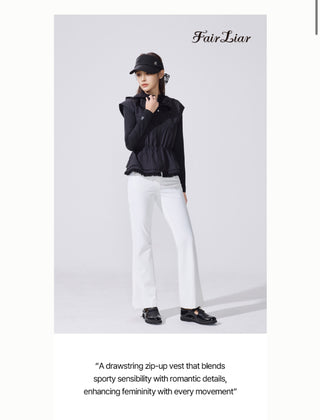 Drawstring Ruffle Zip-Up Vest (Black)