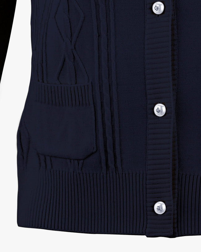 Cable pocket round neck cardigan - Navy