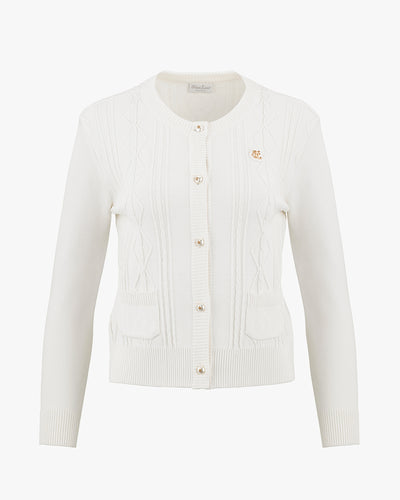 Cable pocket round neck cardigan - White