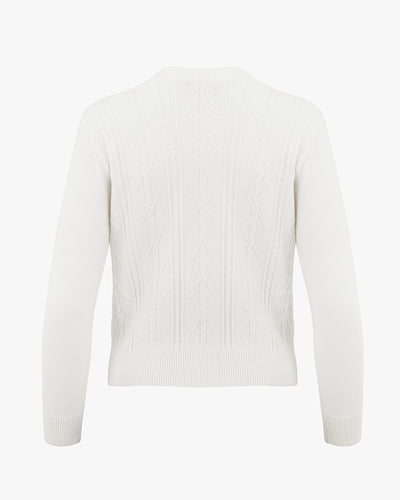 Cable pocket round neck cardigan - White