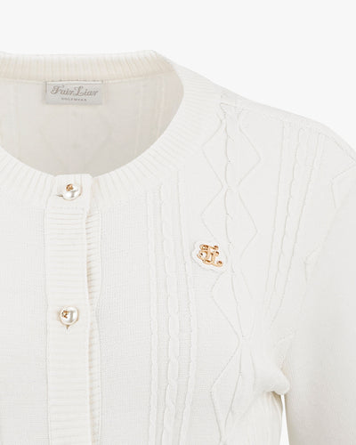 Cable pocket round neck cardigan - White