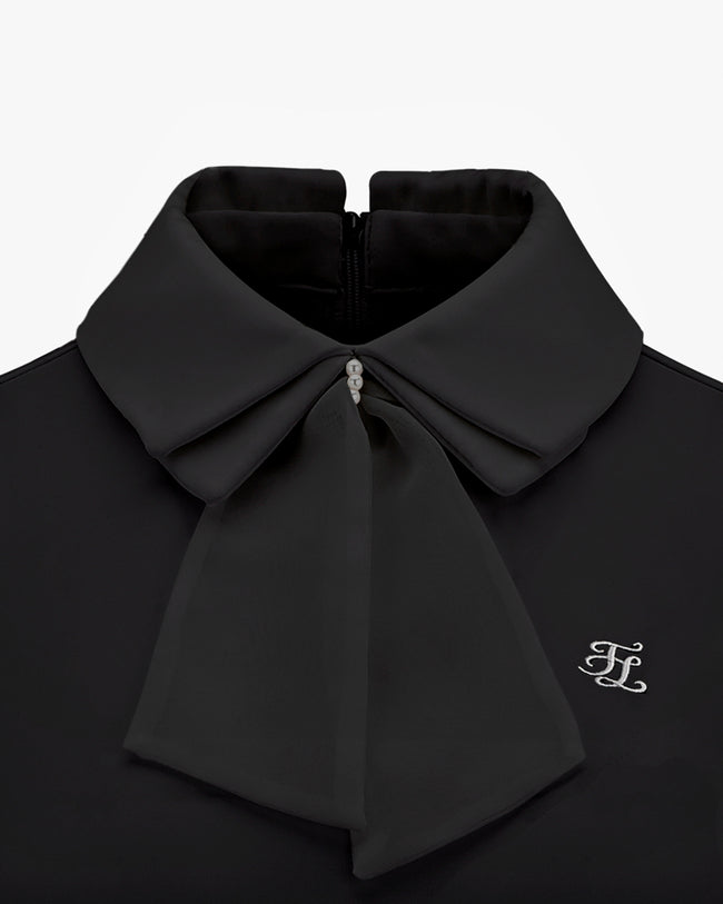 Chiffon Ribbon Collar T-shirt - Black