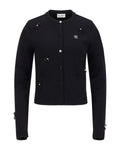 Leather flower trimmed cardigan - Black