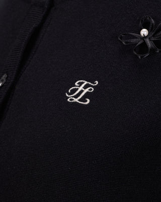 Leather flower trimmed cardigan - Black