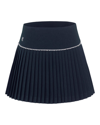 [FL Signature] Pearl & Bead Flare Pleated Skirt (Navy)