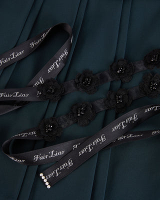 Flower belt set pleated skirt- Dark Green