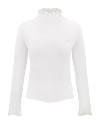 Fair Liar Double Frill High Neck Rib Knit - White