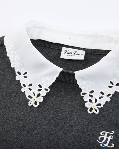 Detachable beaded lace collar knit - Charcoal gray