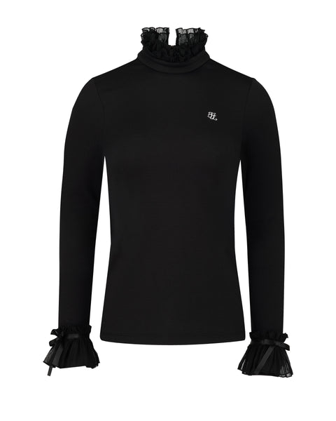 Frill sleeve high neck t-shirt - Black – Fairliar USA