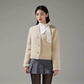 Furry V-neck Cardigan (Beige)