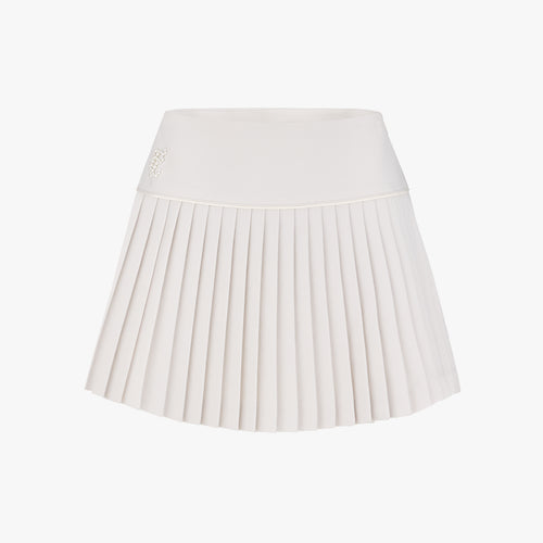 Pearl Logo Flared Pleats Skirt (Beige)