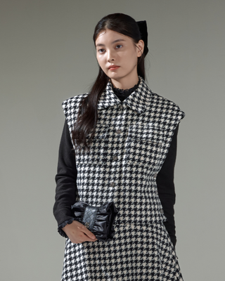 Houndstooth Checkered Quilted Vest - Black