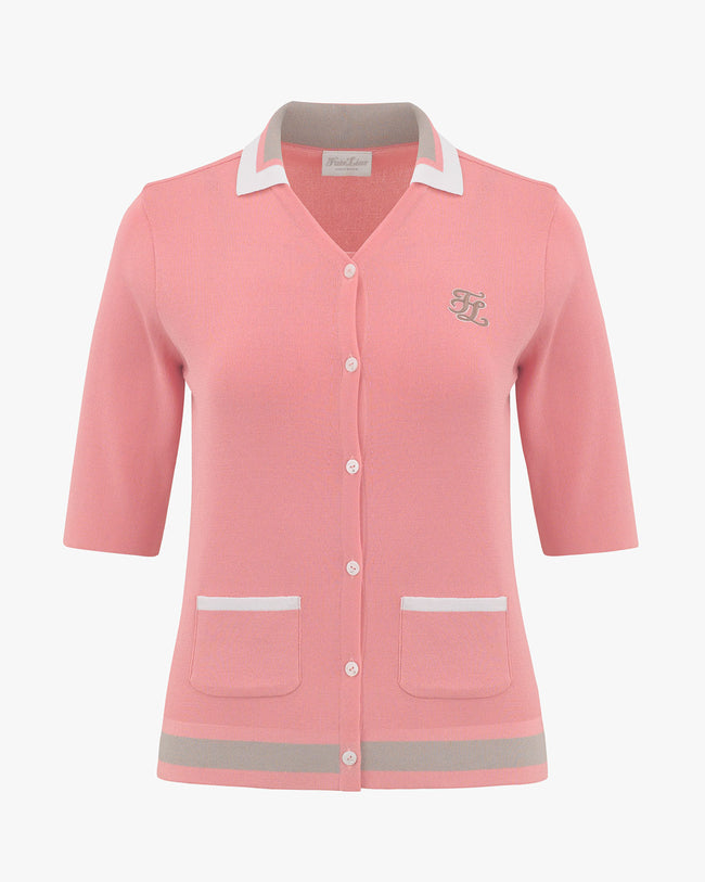 Knit Slip Set Collar Cardigan - Pink