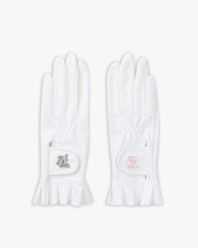 Ruffle Crystal Logo 2 Hands Gloves - White